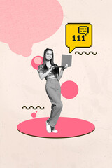 Fototapete - 3d creative collage of person stand with pixel speech bubble on pink background