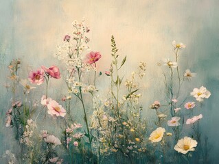 Poster - Floral Meadow Impressionistic Style Featuring Pink and White Wildflowers Against a Soft Blue and Beige Background