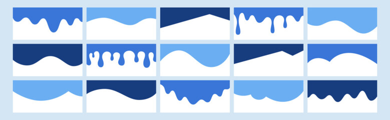 Wall Mural - Vector set of separator header, section divider shapes for website, app or web page. Modern bottom or top border, headline design elements, blue footers with curve lines, drops on white background