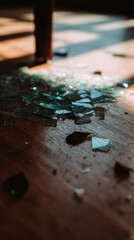 Poster - Shattered Glass Fragments on Wooden Floor with Soft Light and Shadows Creating a Dramatic Atmosphere in a Domestic Setting