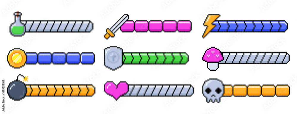 Vector set of 8bit pixel game life icons. Retro video games element ...