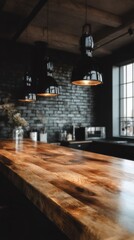 Poster - Moody Kitchen Interior with Wooden Countertop and Industrial Pendant Lights in Dark Room
