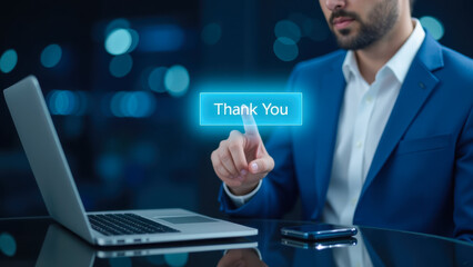 Poster - Businessman in Suit Using Laptop with Virtual Thank You Message on Screen