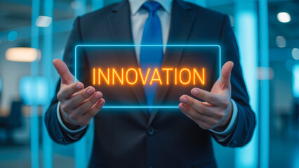 Poster - Business Professional Holding Neon Sign of Innovation in Modern Office Environment
