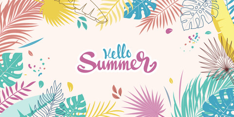  hello summer tropical leaves colorful abstract minimal background, hello summer typography