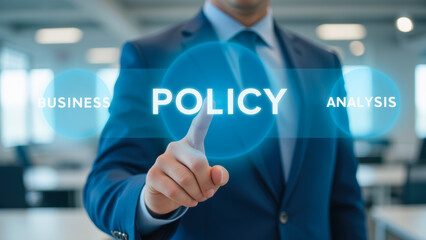 Poster - Business Professional Engaging with Policy Analysis in Modern Office Environment