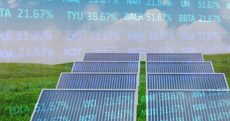 Poster - Showcasing solar panel array generating power on green field at rural solar farm, with data overlay
