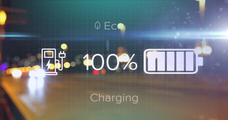 Poster - Image of electric car charging interface screen over road at night with cars