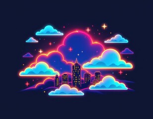 Poster - stylized art with simplified, glowing clouds and twinkling stars, bright neon colors on dark background