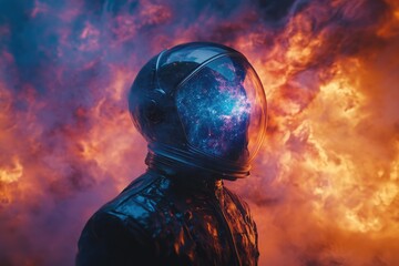 Aufkleber - An astronaut's helmet reflects a vibrant nebula against a fiery cosmic backdrop.