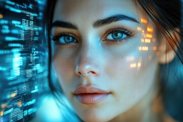 Poster - A woman's face, partially obscured by a blue digital screen, glows with futuristic data.