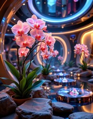 Poster - futuristic digital art with glowing orchids and holographic stones in a sleek environment