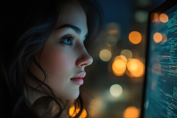 Aufkleber - A young woman gazes intently at a computer screen filled with code, illuminated by city lights.