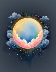 Poster - watercolor painting of a luminous circle with soft clouds, pastel hues on a dark background