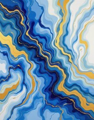 Poster - watercolor abstract painting with flowing blue, gold, and white marbled patterns