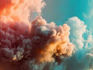 Poster - Dramatic Colorful Smoke Clouds with Soft Diffusion and Gradual Blend of Warm and Cool Tones in a Blue Sky Background
