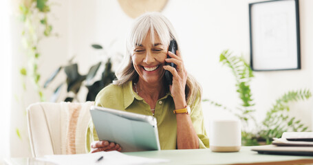 Poster - Phone call, tablet and mature businesswoman in office for communication with client for approval. Happy, digital technology and female event coordinator on mobile discussion with vendor for order.