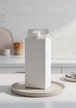 Blank carton on a tray in a kitchen setting