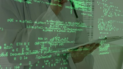 Poster - mid adult woman holding tablet in clinic, displaying animated green code overlay for health tech