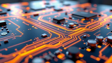Poster - A close-up view of a futuristic circuit board with glowing orange pathways and electronic components.