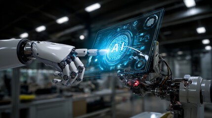Poster - robot arm with artificial intelligence presses a button with an ai logo. the cyborg hand touches the