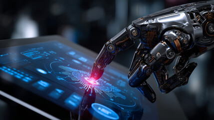 Poster - the robot hand or arm presses the button on the touchscreen. protection from bots. Vector illustration. spam protection hacking. hacking bot protection. chrome fingers points.