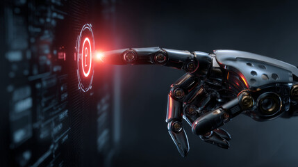 Poster - the robot hand or arm presses the button on the touchscreen. protection from bots. Vector illustration. spam protection hacking. hacking bot protection. chrome fingers points.