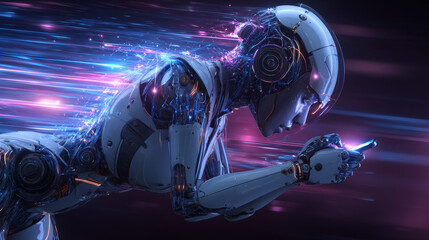 Poster - AI Robot cyborg running on screen smartphone in hand. Cybernetic girl accelerates in cyberspace. Artificial intelligence, neural networks, 5g internet speeds up phone. Flying Hi-speed internet signals