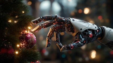 Poster - Merry Christmas and New Year Background in modern technology style. Christmas decoration in cyborg arm. Robot hand decoration christmas tree. AI or artificial intelligence greets the new year. Banner
