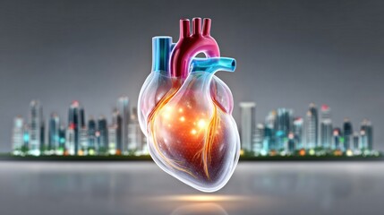 Aufkleber - Human Heart Anatomy 3D Model Glowing with Cityscape Background