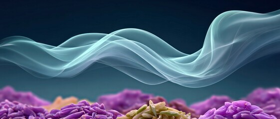 Fototapete - Abstract Teal Smoke Wave Above Purple and Beige Flower Petals Background