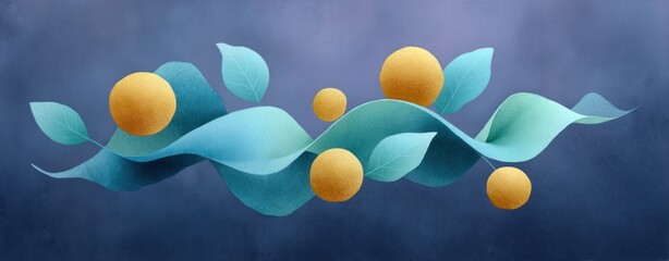 Leinwandbilder - Abstract Art Golden Spheres and Teal Leaves Flowing Wave Design