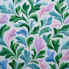 Poster - Elegant Floral Pattern Painted Texture Light Blue Background Green Teal Pink Purple Leaves Design