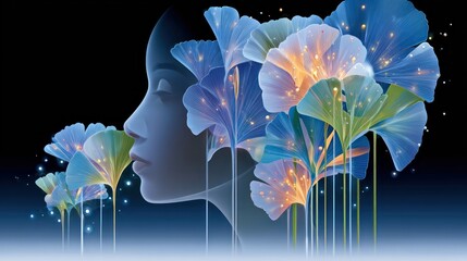 Poster - Serene Woman's Profile Adorned with Glowing Blue Flowers Digital Art