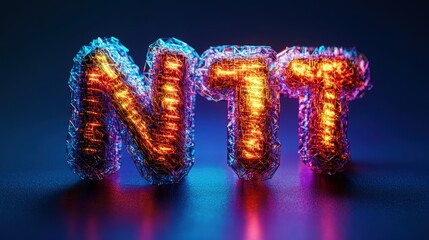 Aufkleber - Vibrant Neon NTT Letters with Bright Glowing Effect in Dark Background for Technology, Innovation, and Communication Themes