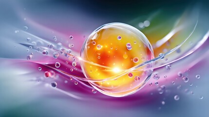 Fototapete - Vibrant Abstract Background Featuring a Glowing Orb Surrounded by Colorful Bubbles and Liquid Waves