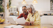 © peopleimages.com - Senior couple, documents and finance in home for results, laptop or smile with review for pension. Interracial relationship, man and woman for budget, happy or profit for retirement income in kitchen