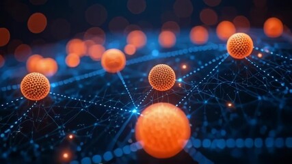 Poster - Abstract network with orange spheres and blue lines. Nodes connect in dark space with blurred light. Data flow visualisation.