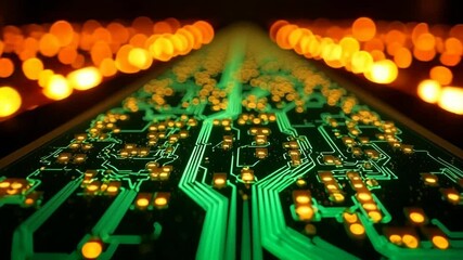 Poster - Green glowing circuit board pathways illuminated by orange lights creating a futuristic perspective with depth and detail representing technology