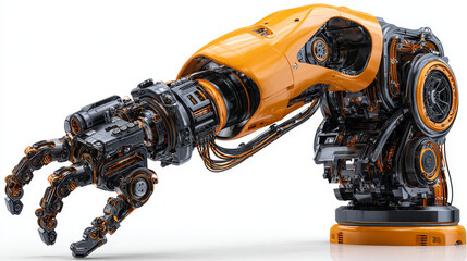 Poster - Automated orange robotic arms or industry 3d manipulator positioner Isolated on white background. Hydraulic mechanical robot on factory. Machine crane. Machinery hand. Realistic vector custom set.