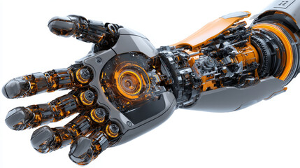 Poster - Automated orange robotic arms or industry 3d manipulator positioner Isolated on white background. Hydraulic mechanical robot on factory. Machine crane. Machinery hand. Realistic vector custom set.