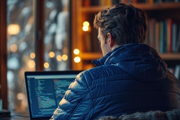 Fototapete - A programmer works on code at his laptop in a cozy room, illuminated by warm lighting.