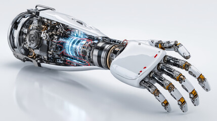 Poster - robotic arm 3d on white background. Mechanical hand. Industrial robot manipulator. Modern factory industrial technology.