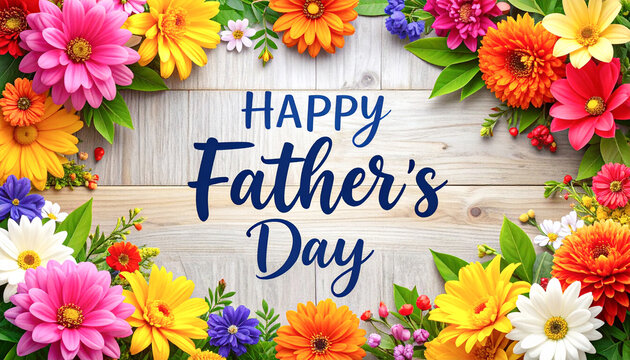 card with flowers. Happy Father's Day on wooden Background with flower border frame