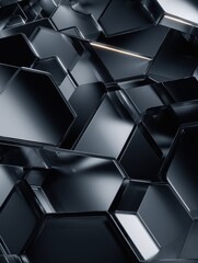 Poster - Abstract geometric shapes in a dark reflective environment, showcasing depth and light interaction with hexagonal facets and smooth surfaces.