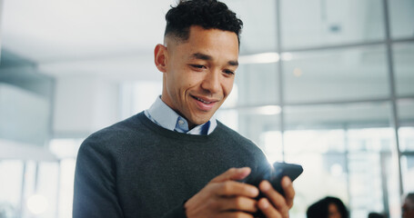 Poster - Business man, phone and happy at meeting, texting and scroll with low angle for deal at company. Person, smartphone and smile with mobile app for contact, lead and proposal at financial agency