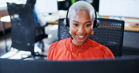 Poster - Business, woman and headset with computer at call centre for customer service, contact us and advisor. African person, consultant and online assistance of crm advice, guide and helping with procedure