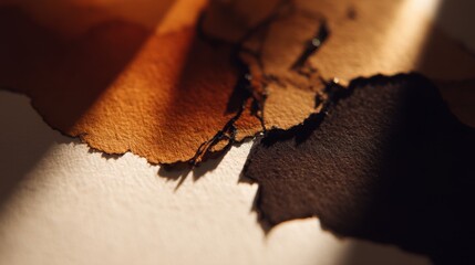 Poster - Abstract close-up of textured torn paper in rich brown tones with deep shadows highlighting the natural variations and details in the fibers and colors.