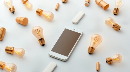 Poster - Modern smartphone surrounded by various light bulbs and electrical components on a clean light background illustrating technology and innovation themes