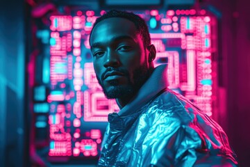 Leinwandbilder - A young man in a shimmering jacket stands before a vibrant neon circuit board, embodying a futuristic aesthetic.